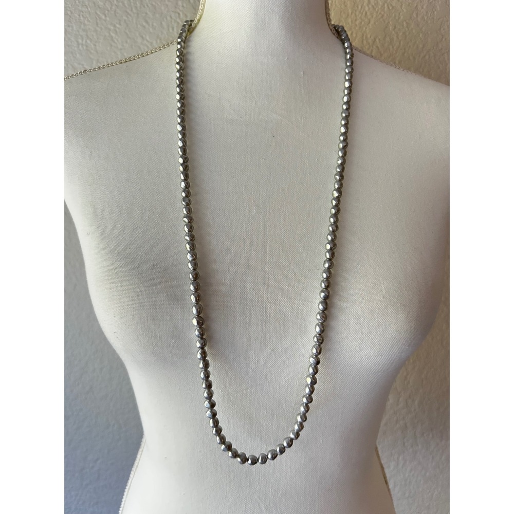 Womens Long Grey Faux Pearl Necklace Metallic Bead Opera Length Strand 35 Inch